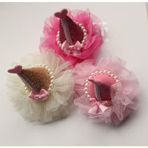 12pcs/lot Glitter Faux Leather Hair Clips Gauze Lace Christmas Hat Hairpins with Hearts Pink Champagne Gold Party Barrettes