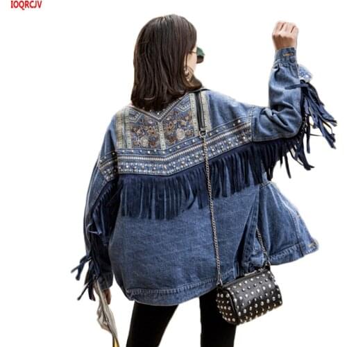 Women Denim Jacket Autumn Vintage Floral Embroidery Fringe Rivet Punk Jeans Coat Long Sleeve Large Size Lady Short Outcoat W1633