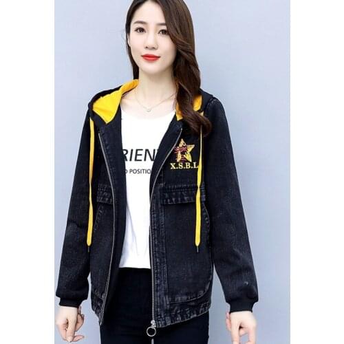 Zip Up Jacket Women With Hood 2020 Autumn Winter Fashion Print Black Woman Jeans Jackets Loose Plus Size Korean Style Streetwear