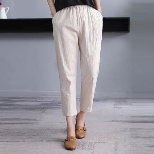 2021 Summer Plus Size Elastic Waist Women Pants Cotton Linen Trousers 4XL Loose Thin All-match Nine-point Casual Mother Pants
