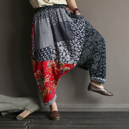Womens Cropped Contrast Color Cropped Pants Womens Art Chinese Style Loose Pants Cotton and Linen Casual Trousers