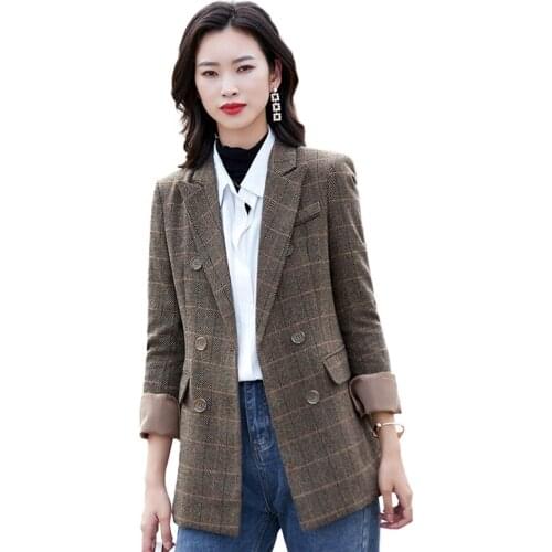 Lenshin Vintage England Style High Quality Plaid Coat with Pockets for Women Double Breasted Jacket Fashion Outwear Blazer