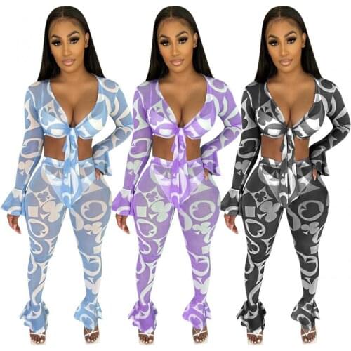 2021 Trendy Style European and American Womens Hot Selling Fashion Sexy Mesh Printed T Shirt Ruffled Trousers Two Piece Suit