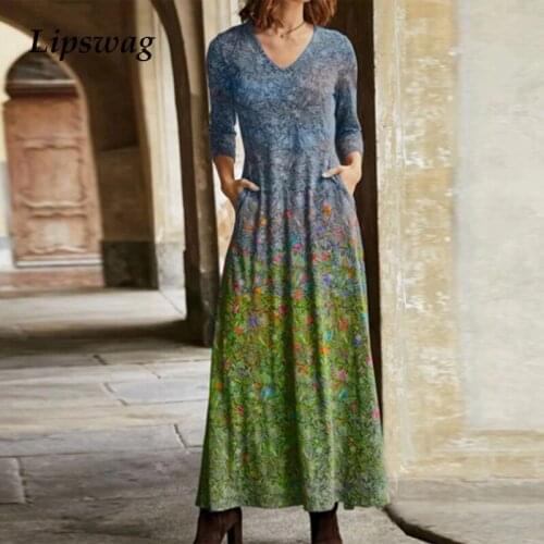 2021 Spring Vintage Floral Print Long Party Dress Women Sexy V Neck Maxi Dresses Ladies Casual Loose Long Sleeve Dress Vestidos
