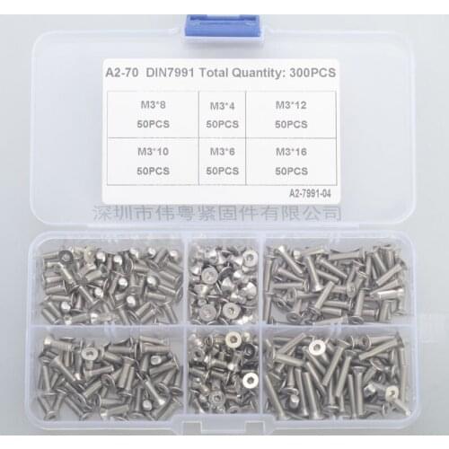 300pcs M3 mm flat head countersunk head grade 10.9 304 stainless steel Hex Socket Head Cap Screw DIN7991 Screws