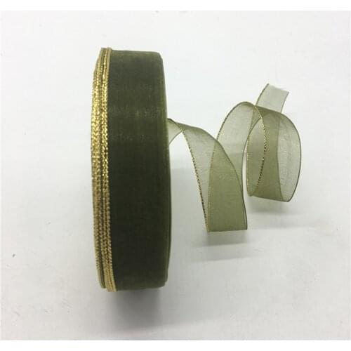 5yards/lot 3/4" 20mm Army green Glitter Golden Rimmed Organza Ribbon Bow Hair Wedding Christmas Decoration DIY Lace Crafts