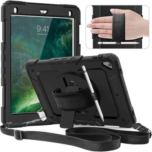 For iPad 6th 5th Generation Case with Pencil Holder 360 Rotating Hand Shoulder Strap Kids Tablet Cover Case for iPad Air 2 Air 3