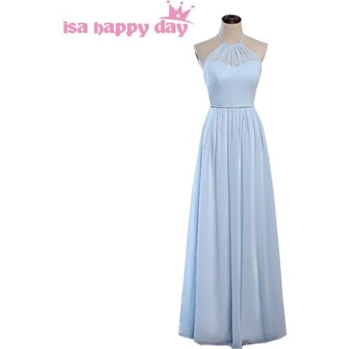Cheap long modest dresses sexy halter light blue chiffon dresses women prom dress for special occasions floor length H4264