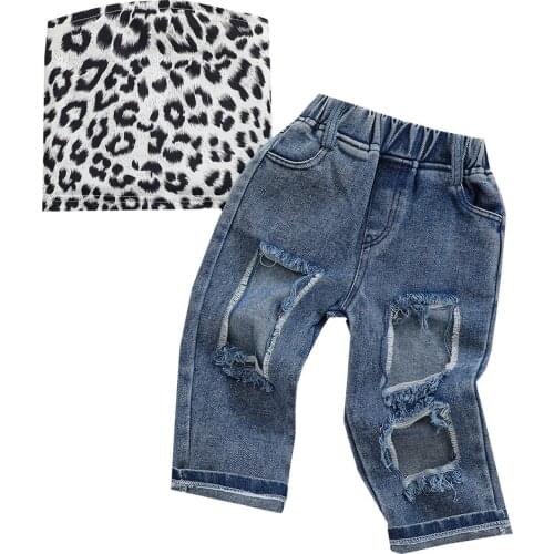 2-6Years Baby Tube + Ripped Jeans, Leopard Pattern Elastic Waist Street Style Cool Summer Clothing