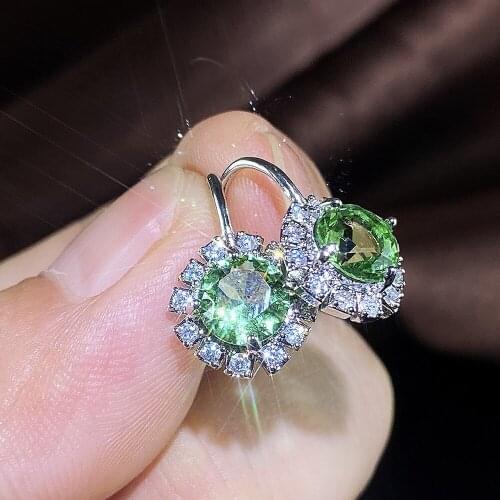 Korea Cute Silver Plated Green Zircon Dangle Drop Earrings Elegant Bridal Earrings Wedding Engagement Party Women Jewelry Gifts