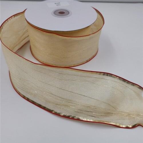 63MM X 25 Yards Wire Gold Lurex Edge Cream Sheer Organza Ribbon with Gold Edge for Birthday Decoration Gift Wrapping 2-1/2"
