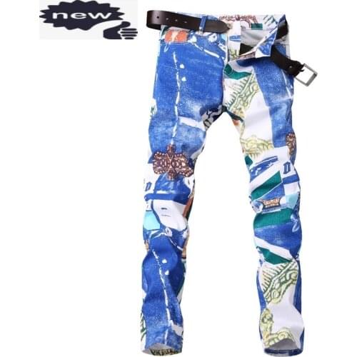 Hot Sale Autumn Winter New European Fashion White Print Mens Jeans Straight Brand Male Long Pants Denim Casual Trousers Big Size