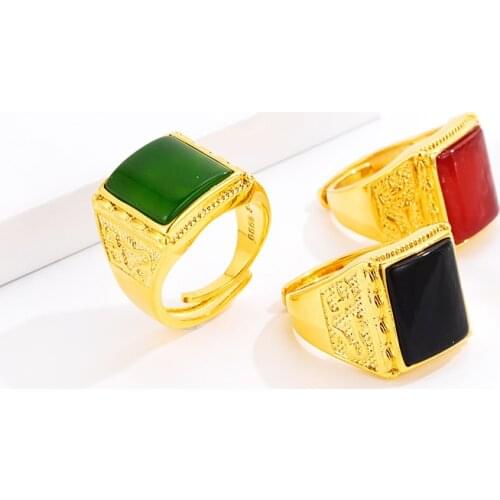 Fashion Mens Gold 14K Ring Inlaid Jade Agate Obsidian Ring with Red Green Black Stone Rings Charms Gemstone Couple Ring Jewelry