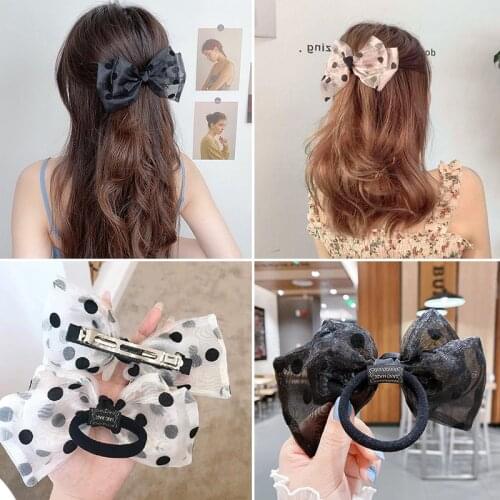 Fashion Light Pink Black Dot Printed Hair Bow Elastic Hairbands Girls Women Ponytail Hair Ties Rubber Ropes Gum Hair Accessories