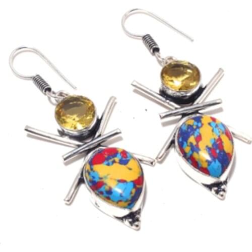 Mosaic Jaspers, Silver Overlay on Copper Earrings ,58 mm , E3781