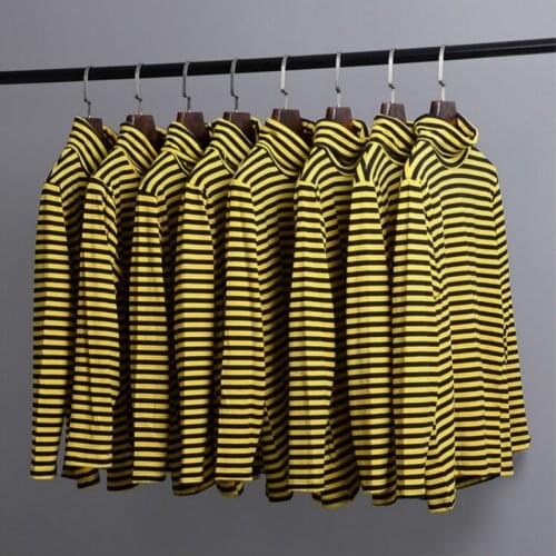 New Fashion Turtleneck Long Sleeve Strip T-shirts Male Hip Hop High Street Top Tee Casual Wear Harajuku 100% Cotton T Shirt men