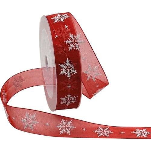 5m/lot) 25mm Snowflake Printed Organza Ribon for Wedding Party Decoration Gifts Bouquet Wrapping Materials DIY Bow Lace Ribbons