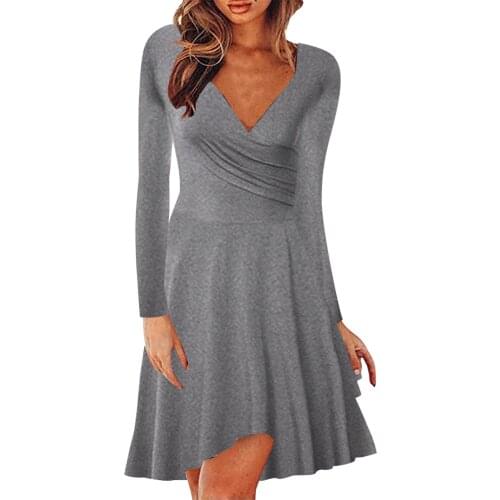 Autumn Womens Dress Fashion Stylish Solid A-Line Long-Sleeved Midi Dresses Ladies Casual Slim V-Neck Elegant Dress Vestidos G4