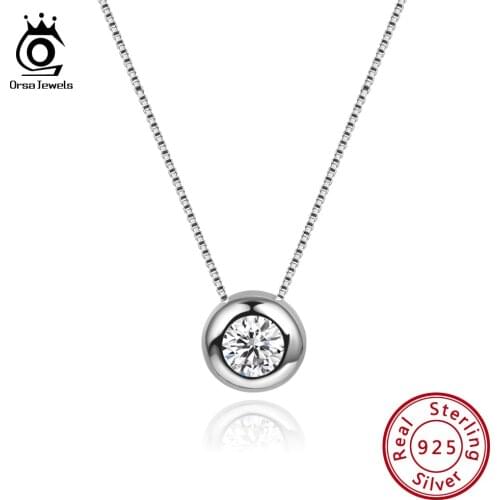 ORSA JEWELS 925 Sterling Silver Woman Round Pendants Necklaces Real Silver AAAA CZ Clavicle Chain Necklace Female Jewelry SN136