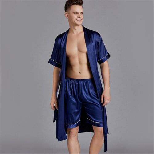Pajamas suit navy blue mens nightgown spring and summer loose large size bathrobe shorts 2 PC home service sleepwear men