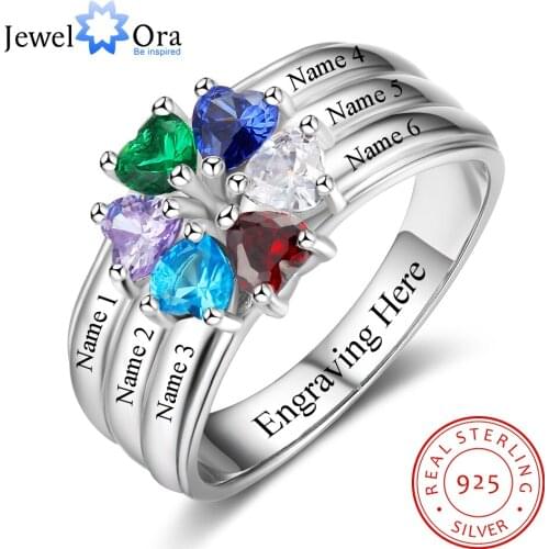 Family & Friend Gift Personalized 6 Birthstone Engrave 6 Name Rings 925 Sterling Silver Anniversary Jewelry (JewelOra RI103259)