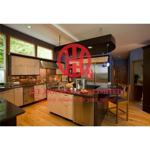 Customized modern laminated wood grain color kitchen cabinet with excellent design and quality MOQ is 1 set & sipping by sea