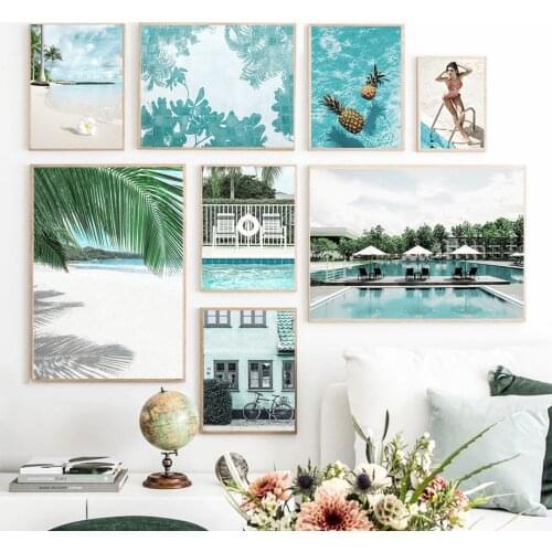 Nordic Sea Beach Tropical Plants Landscape Poster Sexy Girl Swimming Pool Wall Canvas Art Frame Home Decoration Painting Mural