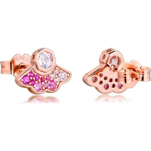 Plated Rose Gold Pink Fan Stud Earrings for Women 925 Sterling Silver Earings Fine Jewelry Silver 925 Earring 2020 New