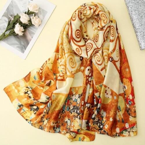 Visual Axles Gustav Klimt Oil Painting Silk Scarf The Tree Of Life Shawl Foulard for Women Bandana Spring Scarves