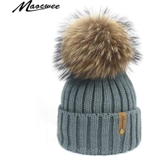 Children Adult Knit Beanie Hat With Real Fur Pom pom Winter Thick Hat Boy Girl Warm Skullies Beanies Kids Baby Soft Cap For Kids