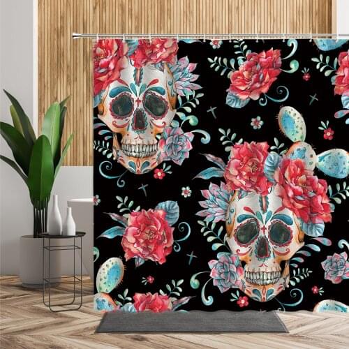 Sugar Skull Red Flowers Green Plant Leaf Shower Curtain For Bathroom Cactus Leaves Succulent Skeleton Floral Print Bath Curtains