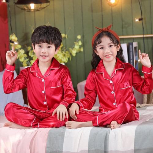 3-14 Years Girls Boys Satin Pajamas for Children Kids Pyjama Long/Short Pijamas Sets Spring Summer Silk Red Nightwear Top Pants