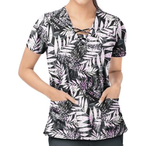 Women Blouse Short Sleeve V-neck Flower Pattern Harajuku Scrub Top Summer Breathable Nursing Working Uniform Shirts Blusas Mujer