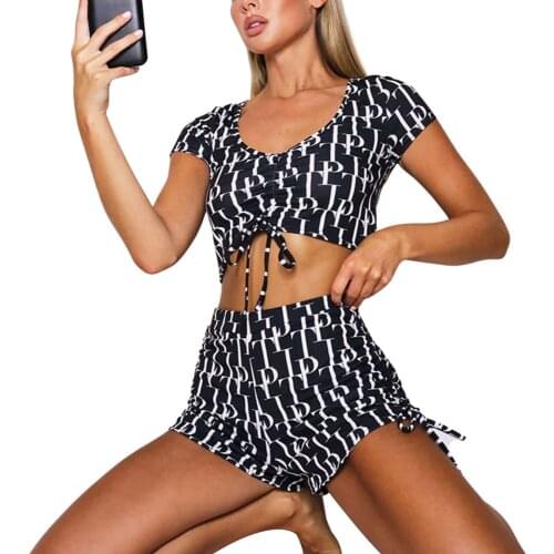 Women Fashion 2-piece Outfit Set Short Sleeve Drawstring V-neck Print Tops+Shorts Set