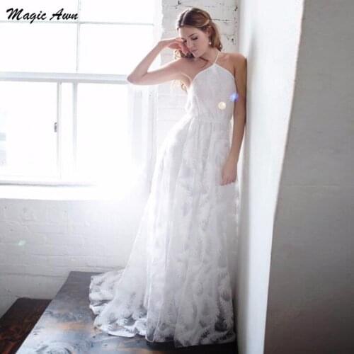 Magic Awn Bohemian Wedding Dresses 2021 Feather Lace Halter Corset Back Beach A-Line White Bridal Gowns For Women Abito Da Sposa