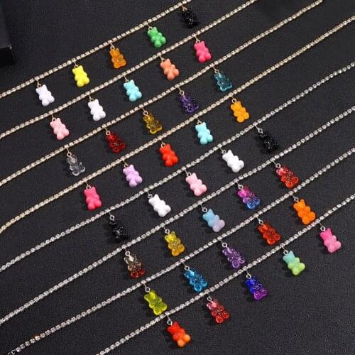 Sweet Cute Korean Candy Color Gummy Bear Charm Necklaces for Women Trendy Crystal Tennis Chain Necklace Shine Rhinestone Jewelry