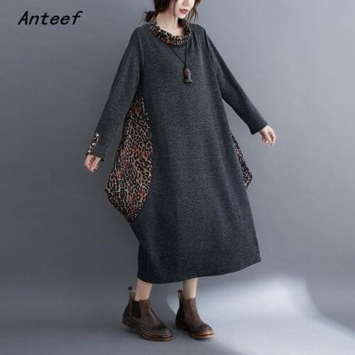 Long sleeve plus size cotton vintage leopard for women casual loose autumn winter dress elegant clothes 2021 ladies dresses