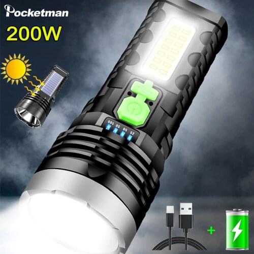 200W Solar Charging Flashlight Built-in Battery Torch with COB Side Light Solar Flashlight Waterproof Hand Light Camping Lamp