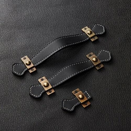 Black Leather handle Leather drawer knobs cupboard handles Leather furniture handles for drawers wooden