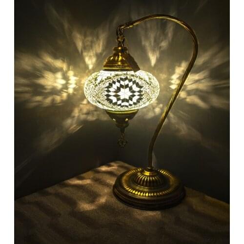 Handmade Turkish Moroccan Mosaic Authentic Vintage Art Deco Table Bedside Lamp, White Colors, 5 Patterns