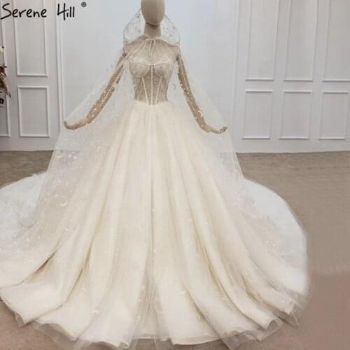 Dubai Luxury Champagne Sequins Sexy Wedding Dresses 2020 Sleeveless With Cloak Veil Bride Gowns HX0160 Custom Made