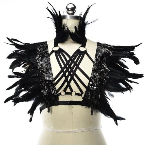 Gothic Feather Harness Clothes Accessories Black Neck Collar Sexy Lingerie Cage Bra Dance Exaggerate Feather Body Harness Wing