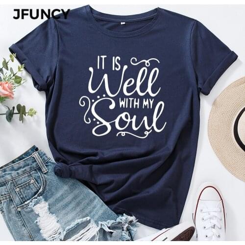 JFUNCY Womens Cotton T-shirt Creative Letters Print Graphic Tees Female T Shirt Women Tops Plus Size Short Sleeve Casual Tshirt