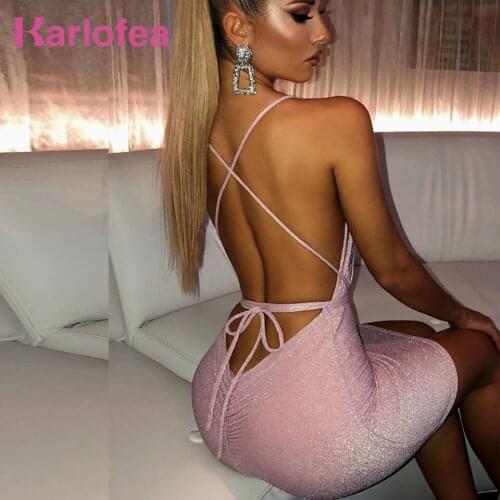 Karlofea Glitter Club Night Party Dress Sexy Deep V Neck Bodycon Mini Dress Women Backless Lace Up Vestidos Night Out Wear Cloth