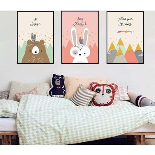 Nordic Childrens Room Decoration Painting Cartoon Animal Rabbit Unframed Painting Canvas Wall Art Drawing Picture Nursery