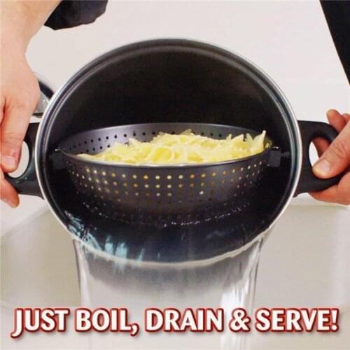 Creative 2-in-1 Cooking Pot with Swivel Strainer Not Sticky Practical Cooking Pot for Kitchen Drain Pasta Vegetables Cooking Pot