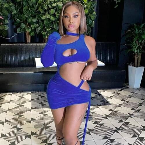 Fashion Halter One-Shoulder Long Sleeve Clothing Lady Bodycon Dresses 2021 Autumn Sexy Hollow Out Solid Slim Dress Women