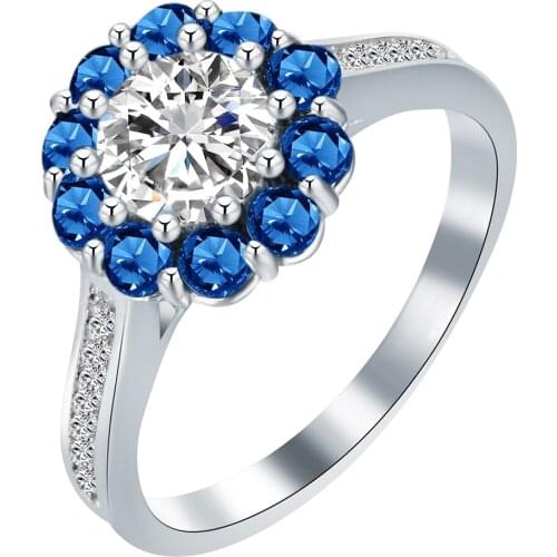 UFOORO Fashion Flower-shaped Blue Round Stone Pave With Clear CZ Zircon White Gold Ring For Woman Wedding Jewelry