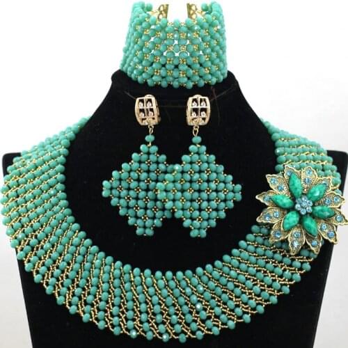Generous Green Crystal African Beads Jewelry Set Bridal Statement Necklace Set Dubai Chunky Jewelry Set AJ1402