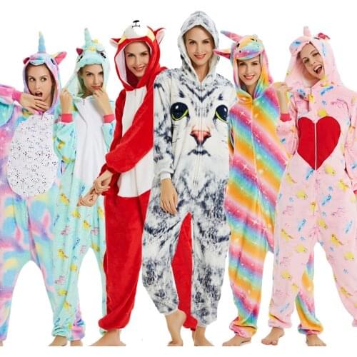 2020 New Unicorn Pajamas Adults Animal Onesies For Women Men Pajamas Suit Cartoon Kugurumi Uincorn Winter Warm Flannel Sleepwear